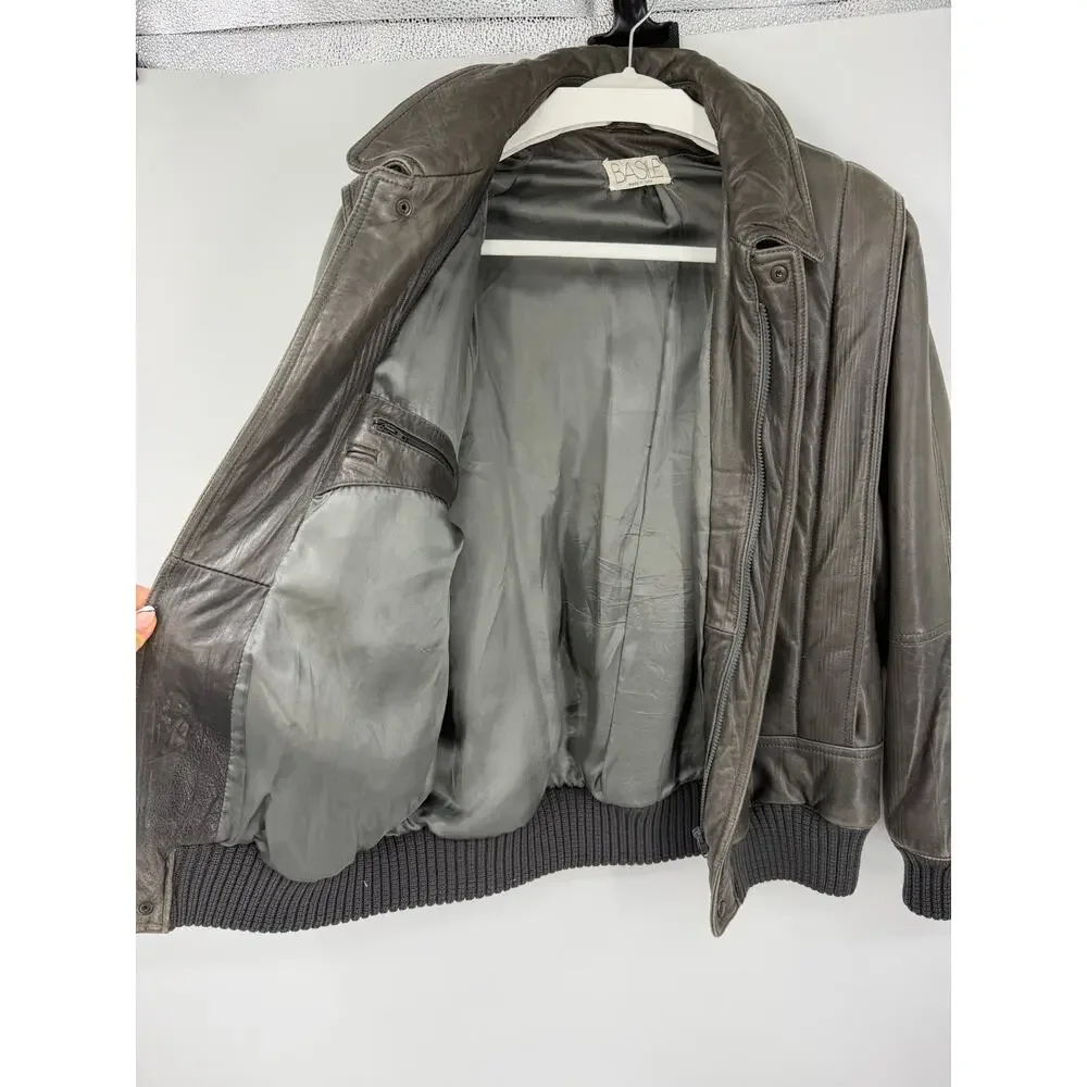 Vintage Basile Italy Mens M Gray Leather Bomber Jacket 90s Designer Moto